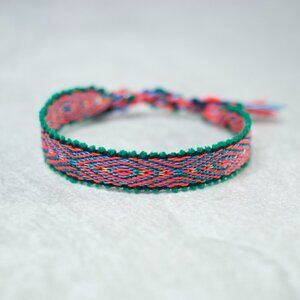 Boho Green & Pink Hand Woven Bracelet, Hippie Bracelet, Watermelon, Cottagecore